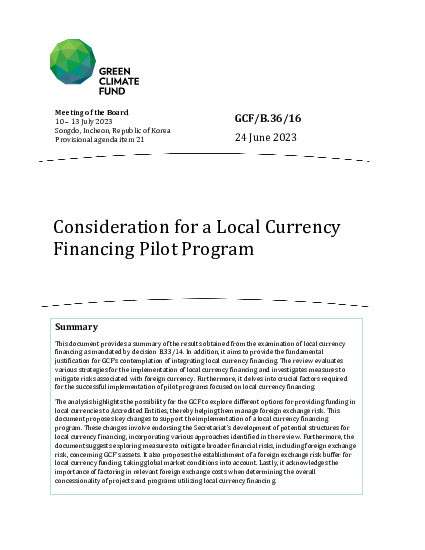 Document cover for Consideration for a Local Currency Financing Pilot Program 