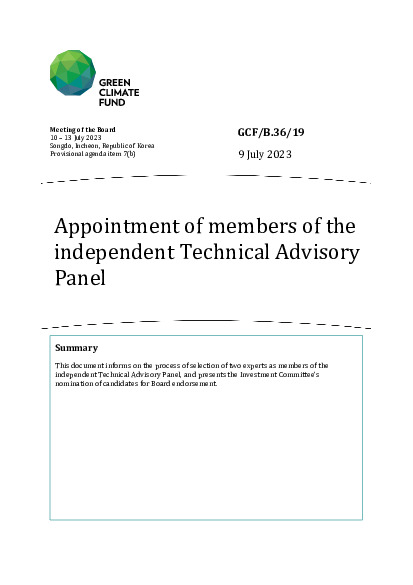 Document cover for Appointment of members of the independent Technical Advisory Panel