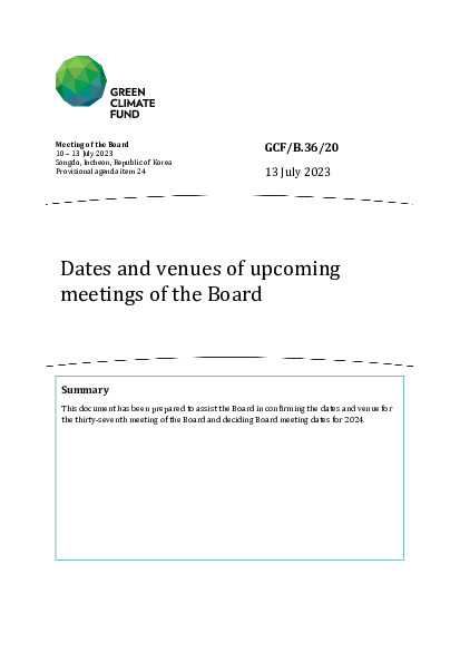 Document cover for Dates and venues of upcoming meetings of the Board