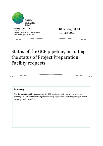 Document cover for Status of the GCF pipeline, including the status of Project Preparation Facility requests