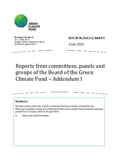 Document cover for Reports from committees, panels and groups of the Board of the Green Climate Fund – Addendum I