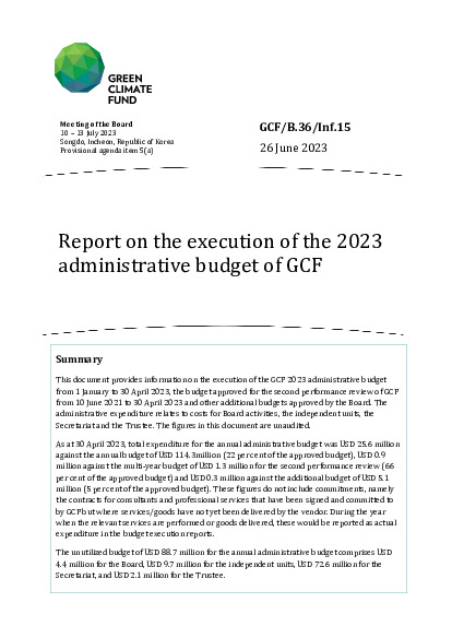 Document cover for Report on the execution of the 2023 administrative budget of GCF