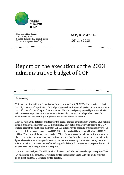 Download Report on the execution of the 2023 administrative budget of GCF Document cover for Report on the execution of the 2023 administrative budget of GCF