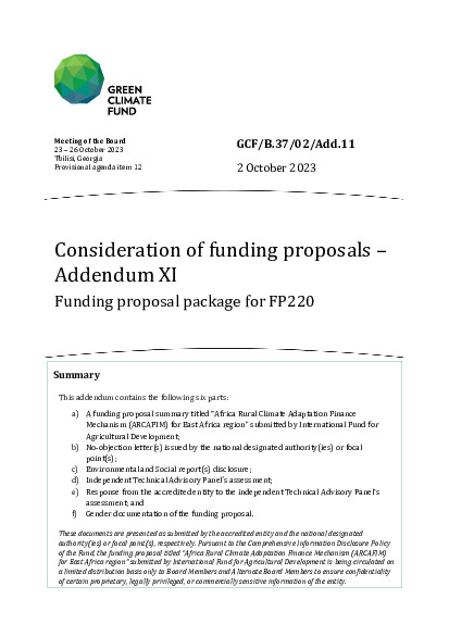 Document cover for Consideration of funding proposals – Addendum XI Funding proposal package for FP220