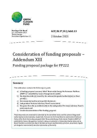 Document cover for Consideration of funding proposals – Addendum XIII Funding proposal package for FP222