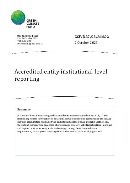 Download Consideration of accreditation proposals – Addendum II: Accredited entity institutional-level reporting Document cover for Consideration of accreditation proposals – Addendum II: Accredited entity institutional-level reporting