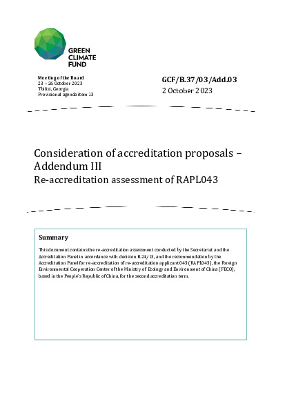 Document cover for Consideration of accreditation proposals – Addendum III: Re-accreditation assessment for RAPL043