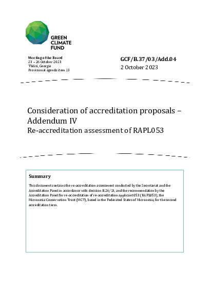 Document cover for Consideration of accreditation proposals – Addendum IV: Re-accreditation assessment for RAPL053