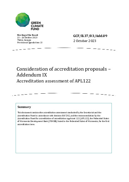 Document cover for Consideration of accreditation proposals – Addendum IX: Accreditation assessment of APL122