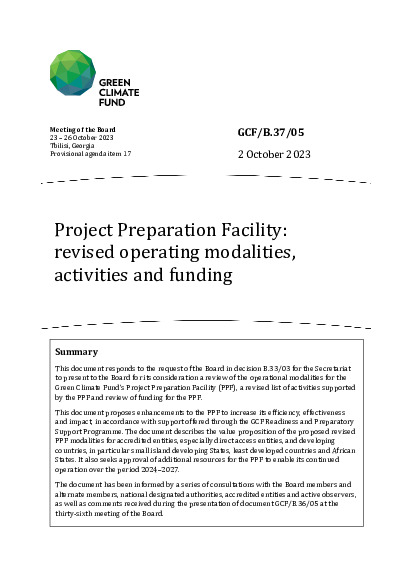 Document cover for Project Preparation Facility: revised operating modalities, activities and funding