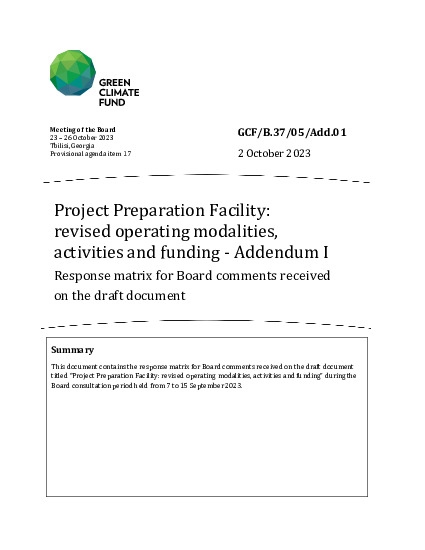 Document cover for Project Preparation Facility: revised operating modalities, activities and funding – Addendum I: Response matrix for Board comments received on the draft document 