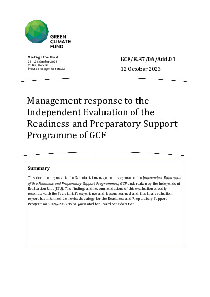 Document cover for Management response to the Independent Evaluation of the Readiness and Preparatory Support Programme of GCF