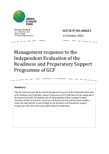 Download Management response to the Independent Evaluation of the Readiness and Preparatory Support Programme of GCF Document cover for Management response to the Independent Evaluation of the Readiness and Preparatory Support Programme of GCF