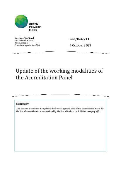 Document cover for Update of the working modalities of the Accreditation Panel