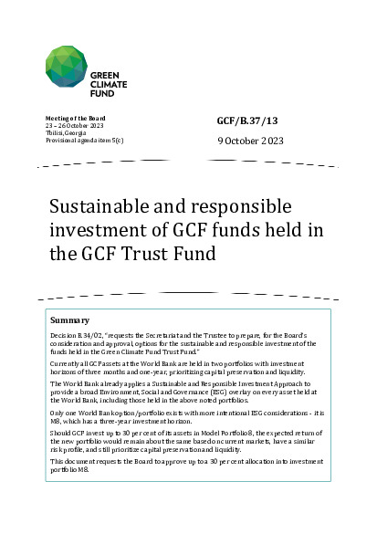 Download Sustainable and responsible investment of GCF funds held in the GCF Trust Fund Document cover for Sustainable and responsible investment of GCF funds held in the GCF Trust Fund