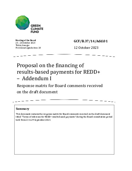 Document cover for Proposal on the financing of results-based payments for REDD+ – Addendum I: Response matrix for Board comments received on the draft document 
