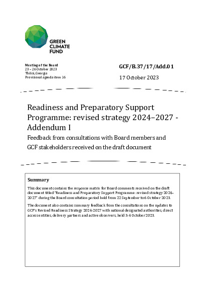 Document cover for Readiness and Preparatory Support Programme: revised strategy 2024–2027 - Addendum I: Feedback from consultations with Board members and GCF stakeholders received on the draft document 