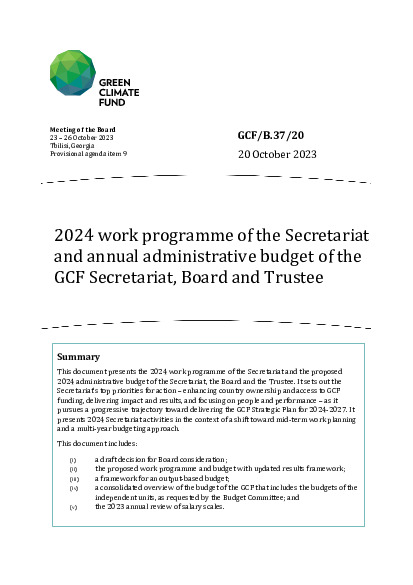 Document cover for 2024 work programme of the Secretariat and annual administrative budget of the GCF Secretariat, Board and Trustee 