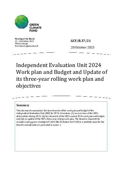 Document cover for Independent Evaluation Unit 2024 Work plan and Budget and Update of its three-year rolling work plan and objectives