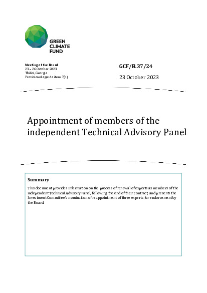 Document cover for Appointment of members of the independent Technical Advisory Panel