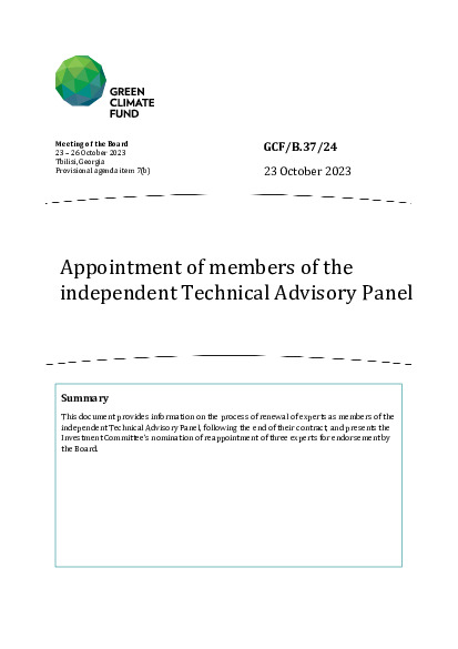 Download Appointment of members of the independent Technical Advisory Panel Document cover for Appointment of members of the independent Technical Advisory Panel