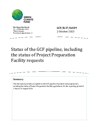 Document cover for Status of the GCF pipeline, including the status of Project Preparation Facility requests