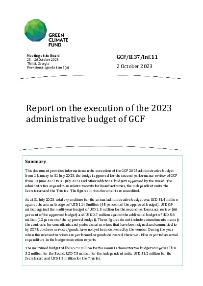 Document cover for Report on the execution of the 2023 administrative budget of GCF