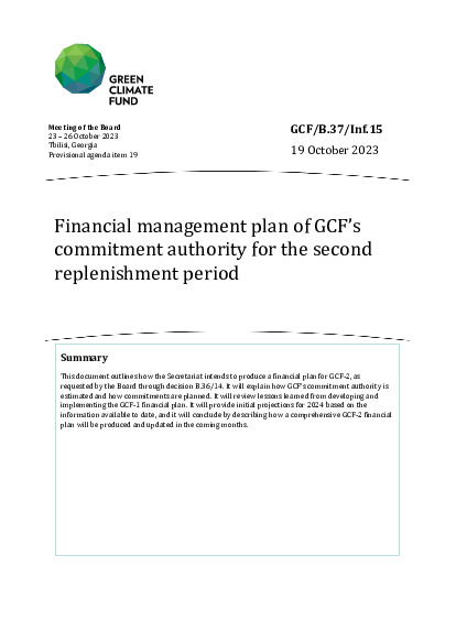 Document cover for Financial management plan of GCF’s commitment authority for the second replenishment period 