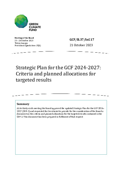 Download Strategic Plan for the GCF 2024-2027: Criteria and planned allocations for targeted results Document cover for Strategic Plan for the GCF 2024-2027: Criteria and planned allocations for targeted results