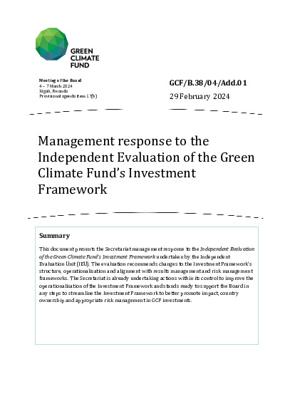Download Management response to the Independent Evaluation of the Green Climate Fund’s Investment Framework Document cover for Management response to the Independent Evaluation of the Green Climate Fund’s Investment Framework