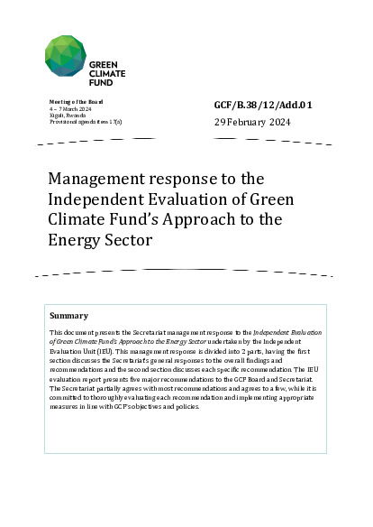 Document cover for Management response to the Independent Evaluation of Green Climate Fund’s Approach to the Energy Sector