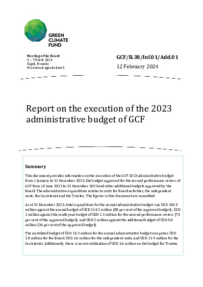 Document cover for Report on the execution of the 2023 administrative budget of GCF