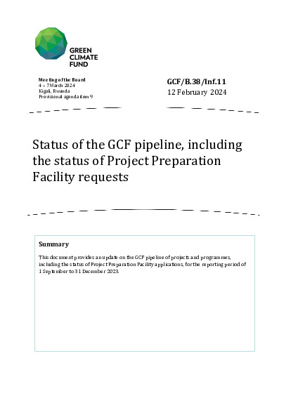 Document cover for Status of the GCF pipeline, including the status of Project Preparation Facility requests