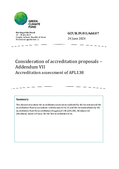 Document cover for Consideration of accreditation proposals – Addendum VII: Accreditation assessment of APL138