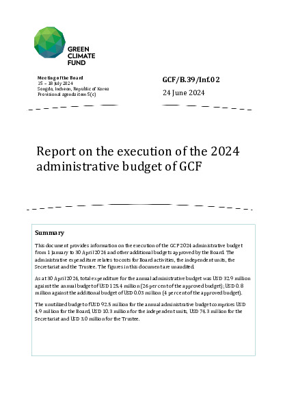 Download Report on the execution of the 2024 administrative budget of GCF Document cover for Report on the execution of the 2024 administrative budget of GCF