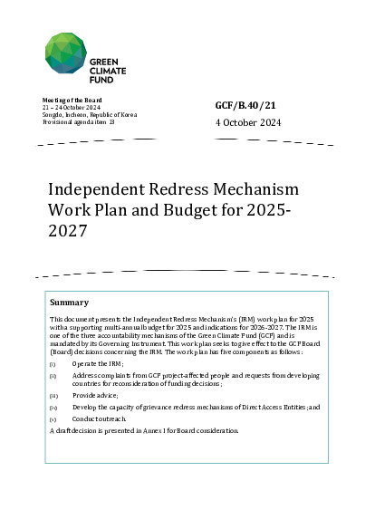 Document cover for Independent Redress Mechanism  Work Plan and Budget for 2025- 2027