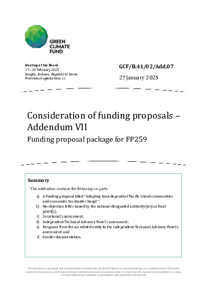 Document cover for Consideration of funding proposals – Addendum VII Funding proposal package for FP259