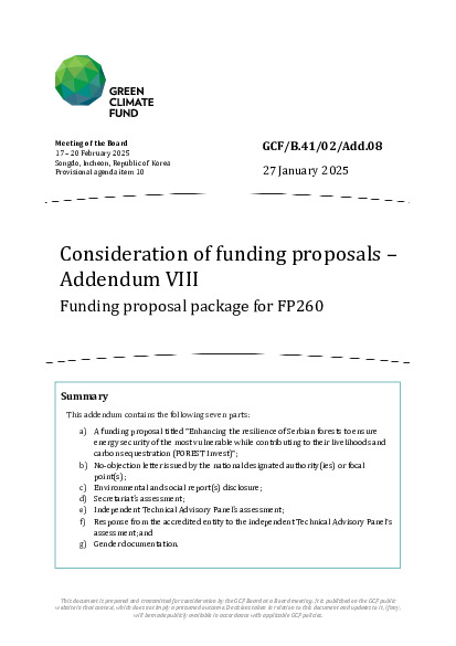 Document cover for Consideration of funding proposals – Addendum VIII Funding proposal package for FP260