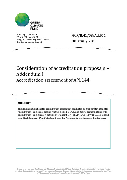 Document cover for Consideration of accreditation proposals – Addendum I  Accreditation assessment of APL144 