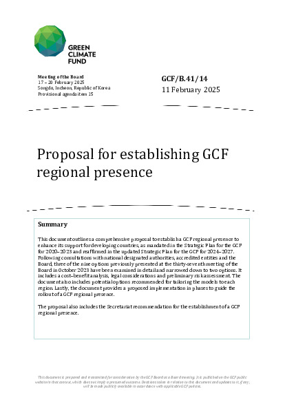 Document cover for Proposal for establishing GCF regional presence