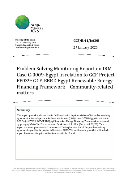 Document cover for Problem Solving Monitoring Report on IRM Case C-0009-Egypt in relation to GCF Project  FP039: GCF-EBRD Egypt Renewable Energy  Financing Framework – Community-related  matter