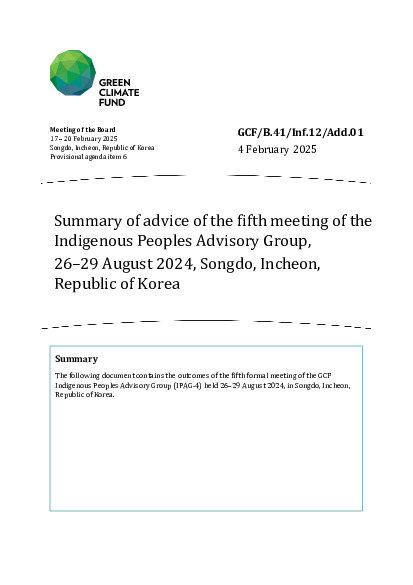 Document cover for Summary of advice of the fifth meeting of the  Indigenous Peoples Advisory Group,  26–29 August 2024, Songdo, Incheon,  Republic of Korea