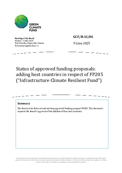 Download Status of approved funding proposals: adding host countries in respect of FP205 (“Infrastructure Climate Resilient Fund”) Document cover for Status of approved funding proposals: adding host countries in respect of FP205 (“Infrastructure Climate Resilient Fund”)