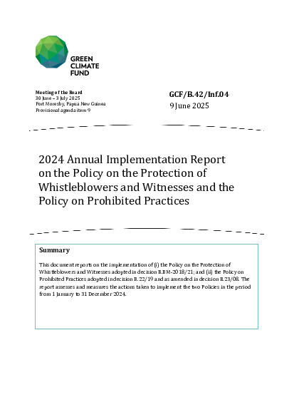 Download 2024 Annual Implementation Report on the Policy on the Protection of Whistleblowers and Witnesses and the Policy on Prohibited Practices Document cover for 2024 Annual Implementation Report on the Policy on the Protection of Whistleblowers and Witnesses and the Policy on Prohibited Practices
