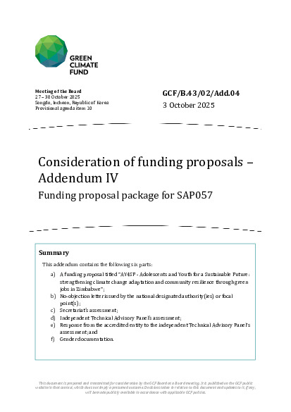 Download Consideration of funding proposals – Addendum IV Funding proposal package for SAP057 Document cover for Consideration of funding proposals – Addendum IV Funding proposal package for SAP057