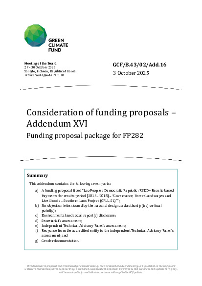 Document cover for Consideration of funding proposals – Addendum XVI Funding proposal package for FP282