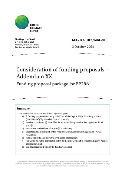 Document cover for Consideration of funding proposals – Addendum XX Funding proposal package for FP286