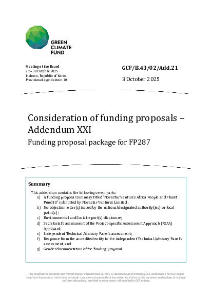 Document cover for Consideration of funding proposals – Addendum XXI Funding proposal package for FP287