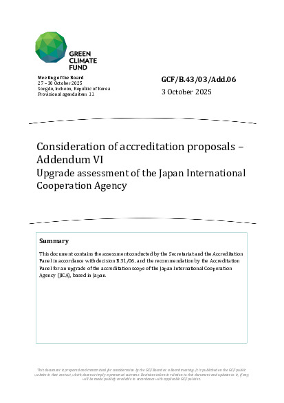 Document cover for Consideration of accreditation proposals – Addendum VI Upgrade assessment of the Japan International Cooperation Agency