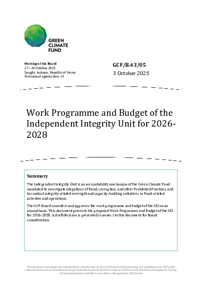 Document cover for Work Programme and Budget of the  Independent Integrity Unit for 2026- 2028
